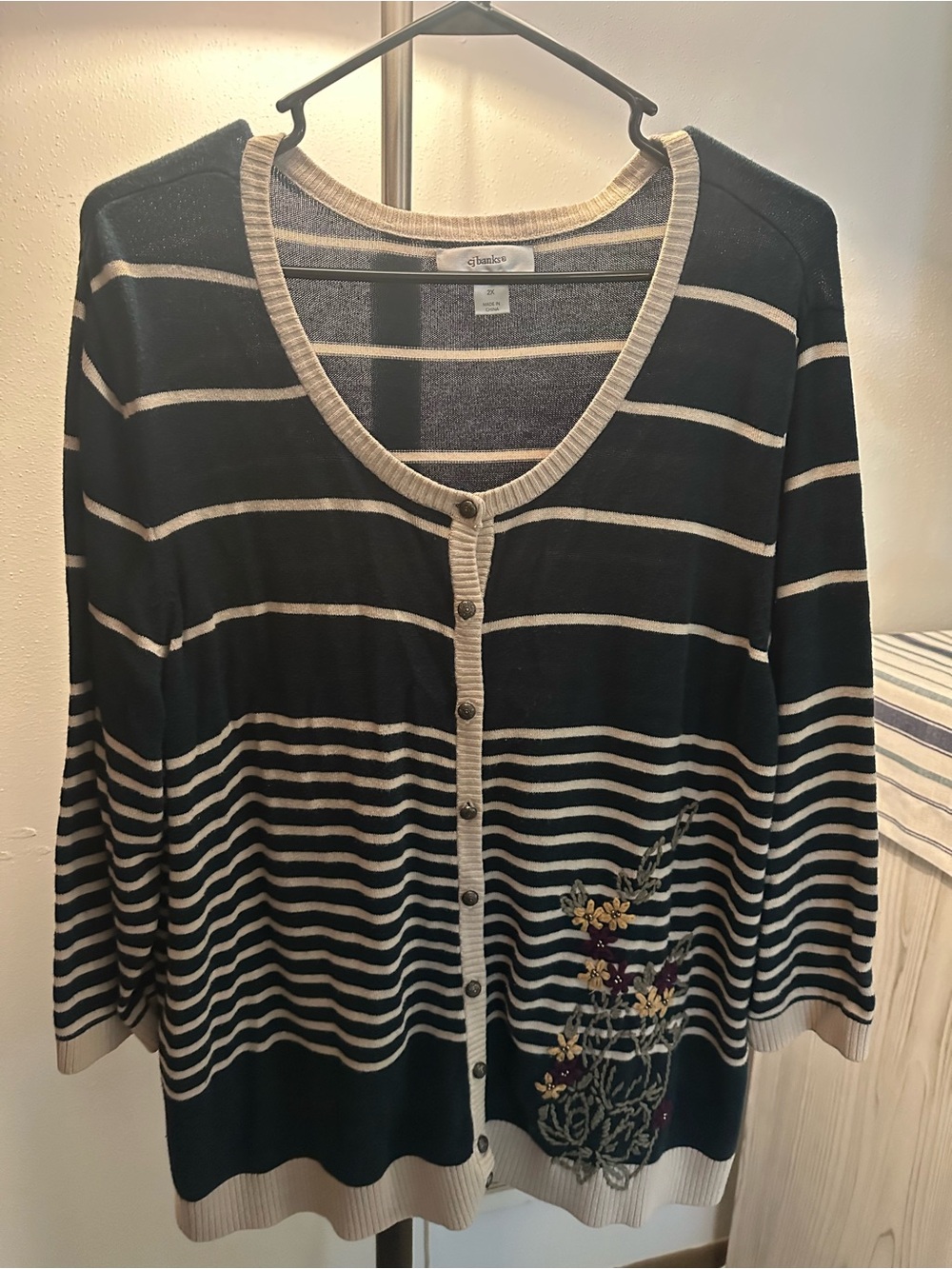 Striped Teal and Cream Button-Front Cardigan with Floral Embroidery